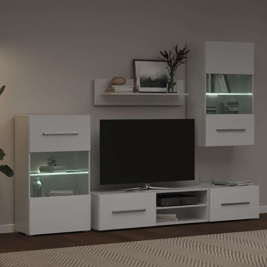 5 dalių televizoriaus spintelės su LED apšvietimu, matinės baltos spalvos, inžinerinė mediena