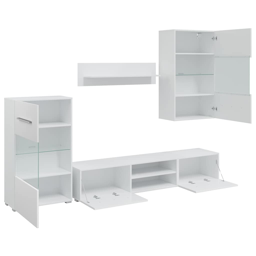 5 dalių televizoriaus spintelės su LED apšvietimu, matinės baltos spalvos, inžinerinė mediena