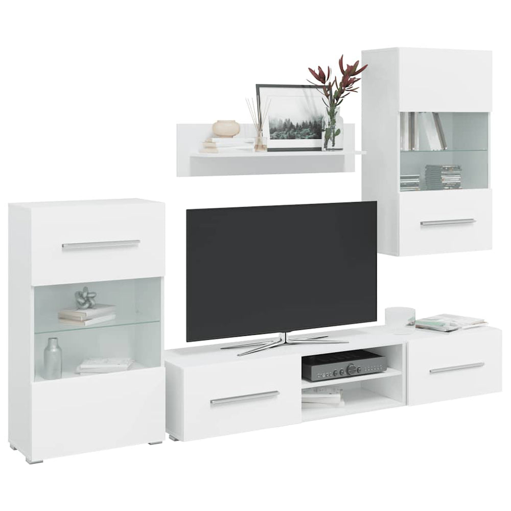 5 dalių televizoriaus spintelės su LED apšvietimu, matinės baltos spalvos, inžinerinė mediena