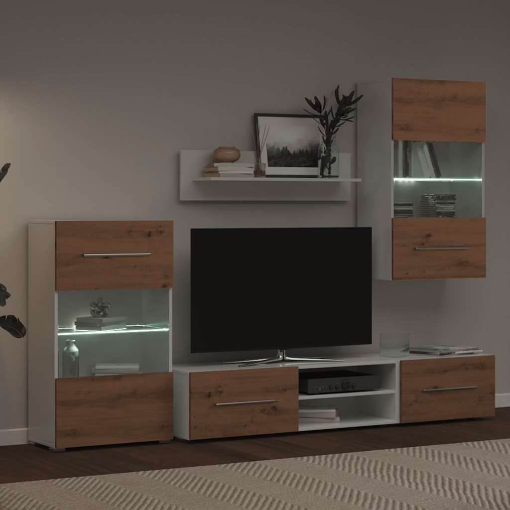 5 dalių televizoriaus spintelės su LED apšvietimu, dirbtinio ąžuolo spalvos, inžinerinė mediena