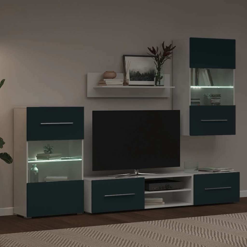5 dalių televizoriaus spintelės su LED apšvietimu, matinės indigo spalvos, inžinerinė mediena
