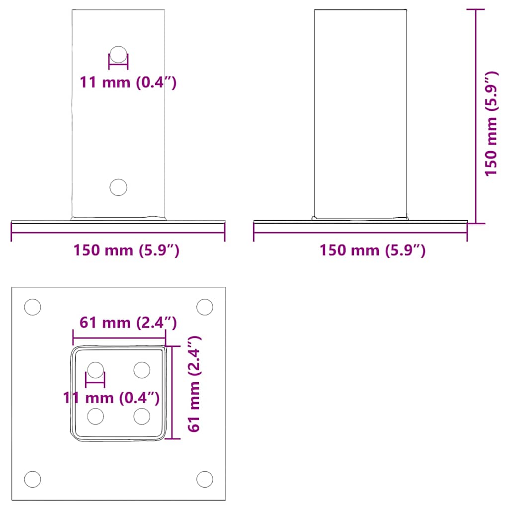 Stabu pamatnes kvadrātveida, 12 gab., sudraba, 61x61mm