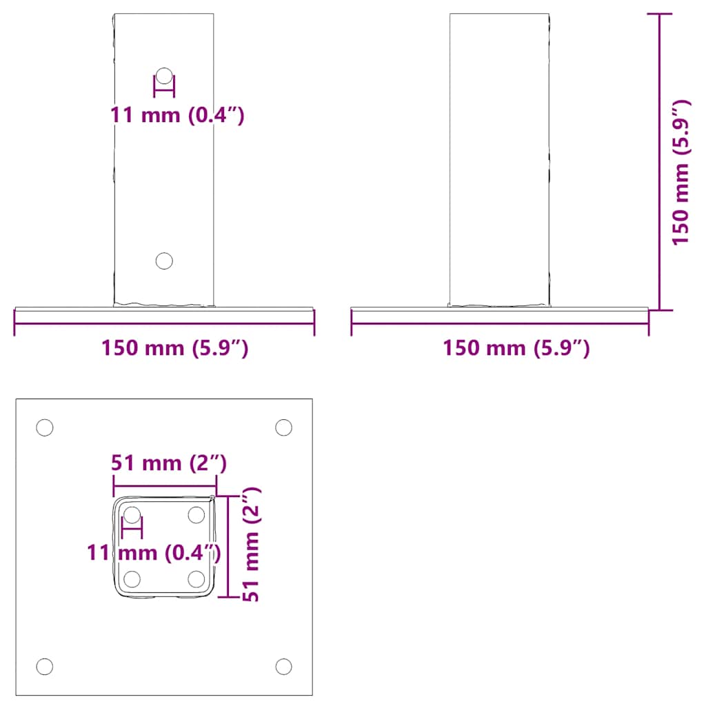 Stulpų pagrindai kvadratiniai, 4vnt., antracito sp., 51x51mm