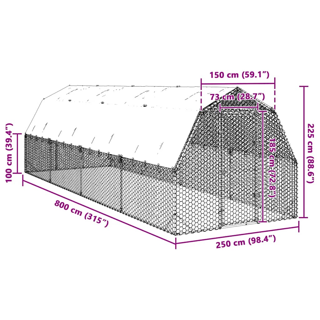 Chicken Run with Roof 2.5x8x2.25m Galvanised Steel