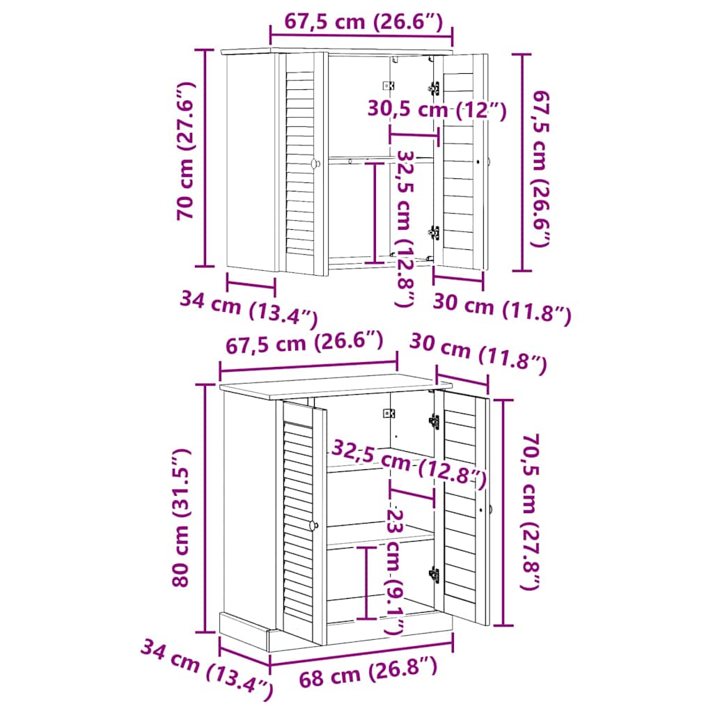 Vonios baldų rinkinys su lentyna su saugykla su durimis 2 pcs Ruda 67,5 x 34 x 80 cm