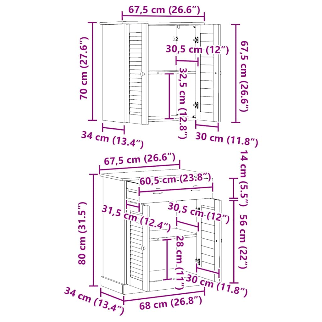 Vonios baldų rinkinys su stalčių su lentyna su saugykla su durimis 2 pcs Ruda 67.5 x 34 x 80 cm