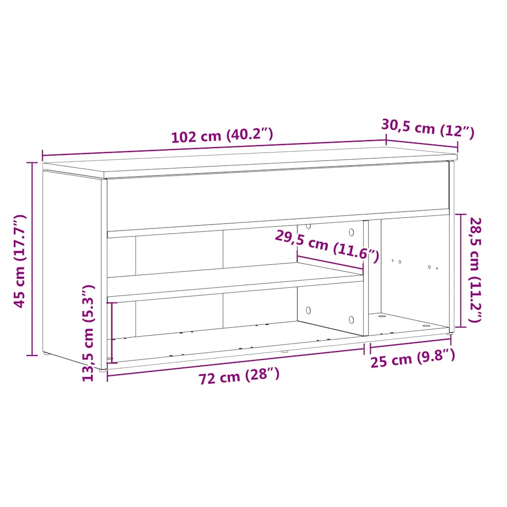 Shoe bench grey Sonoma 102x30.5x45 cm engineered wood