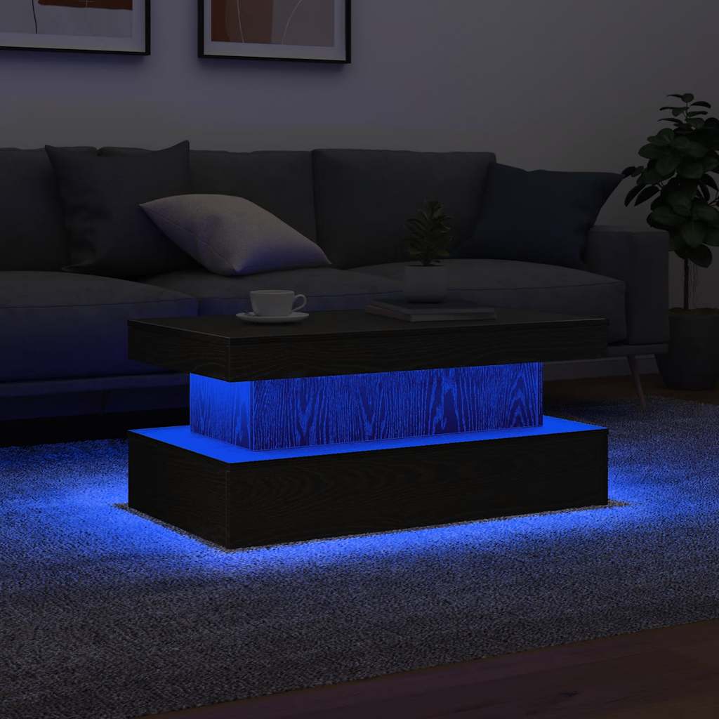 Kavos staliukas su LED lemputėmis, juodo ąžuolo spalvos, 90x50x40 cm