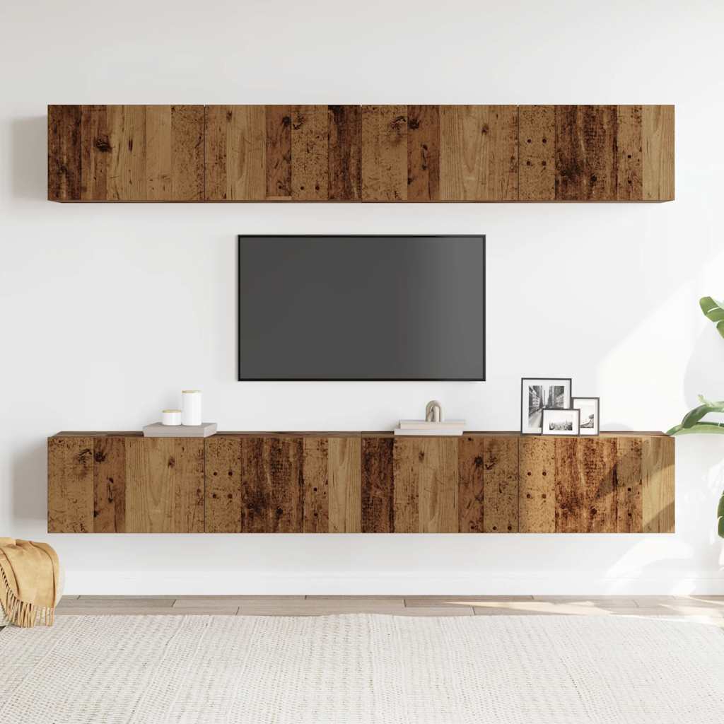 4 dalių prie sienos tvirtinamas televizoriaus spintelių komplektas, senos medienos drožlės, 100x30x30 cm