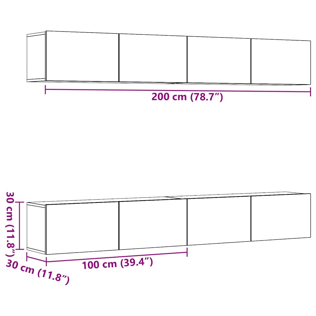 4 dalių prie sienos tvirtinamas televizoriaus spintelių komplektas, senos medienos drožlės, 100x30x30 cm