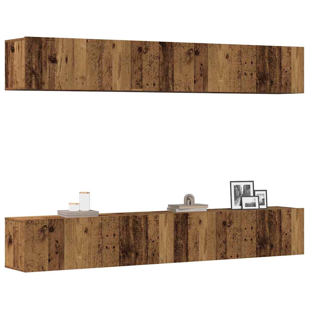 4 dalių prie sienos tvirtinamas televizoriaus spintelių komplektas, senos medienos drožlės, 100x30x30 cm