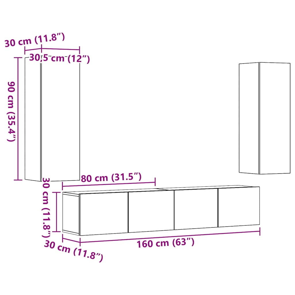 4-piece wall-mounted TV cabinet set