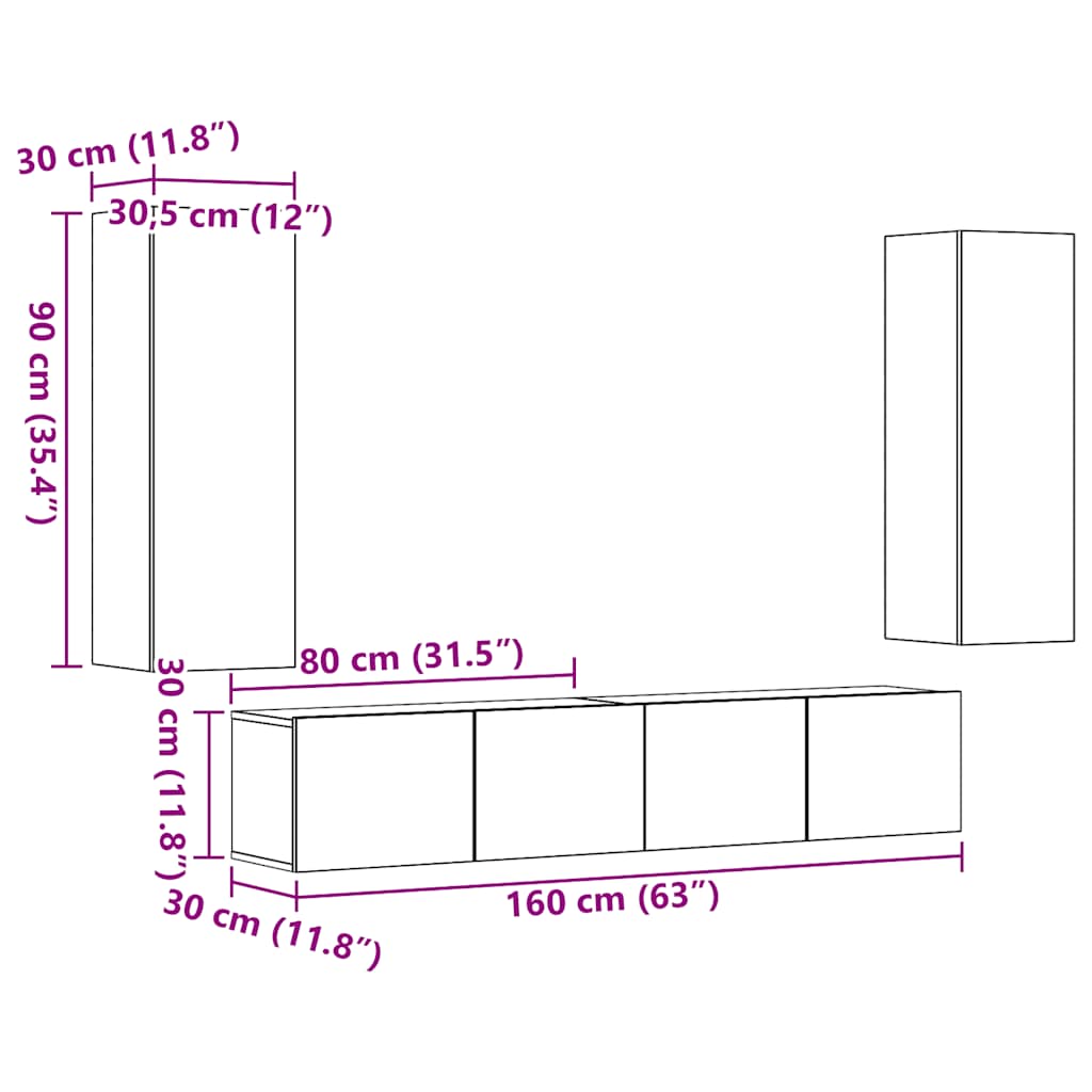 4-piece wall-mounted TV cabinet set