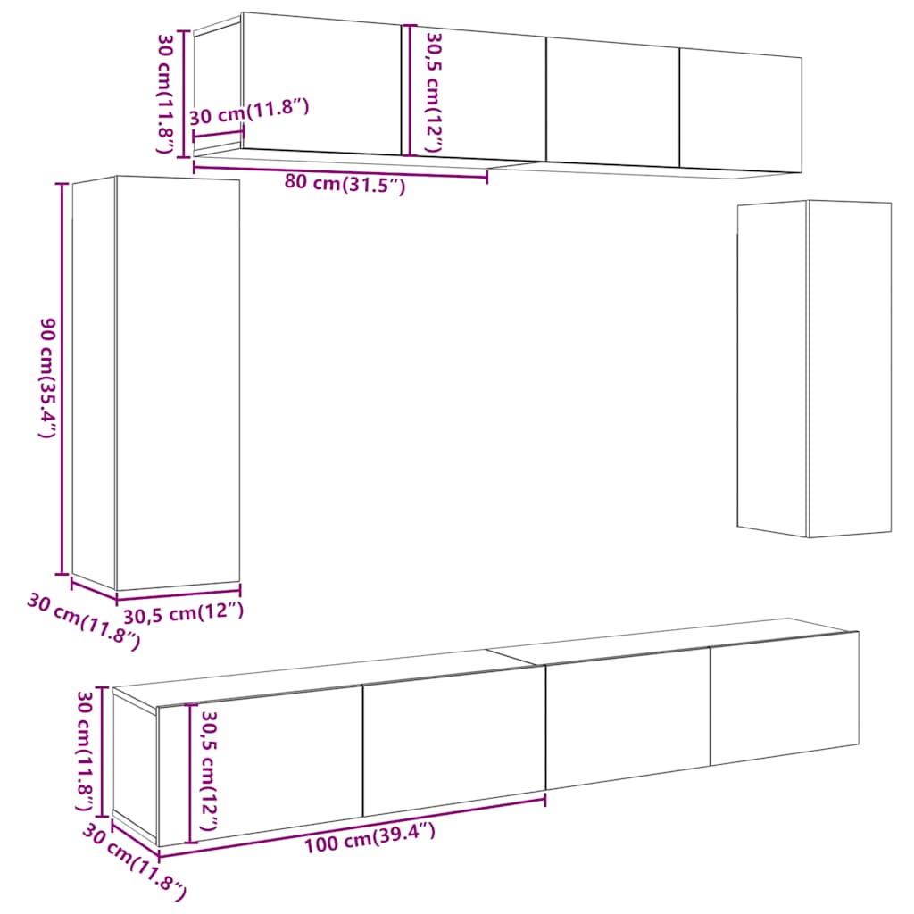 Wall-mounted TV cabinet set, 6-piece