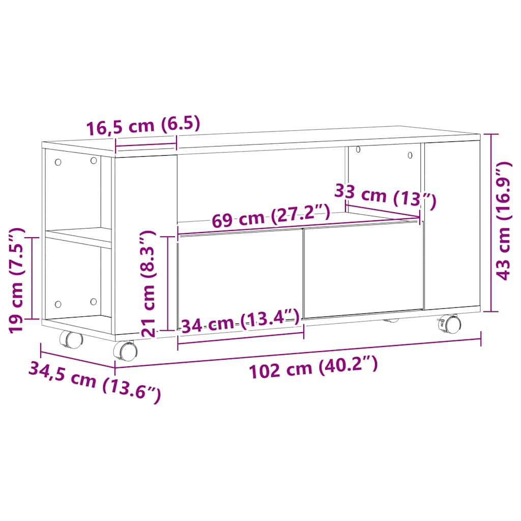 TV spintelė su ratukais, juodas ąžuolas, 102x34,5x43cm, mediena