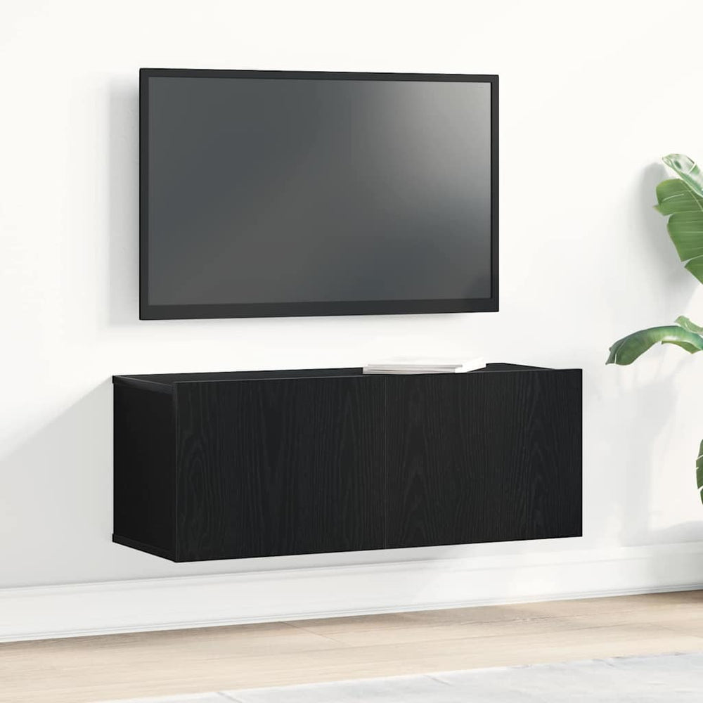 Juodas ąžuolo televizoriaus staliukas 80x30x30 cm Iš inžinerinio medžio