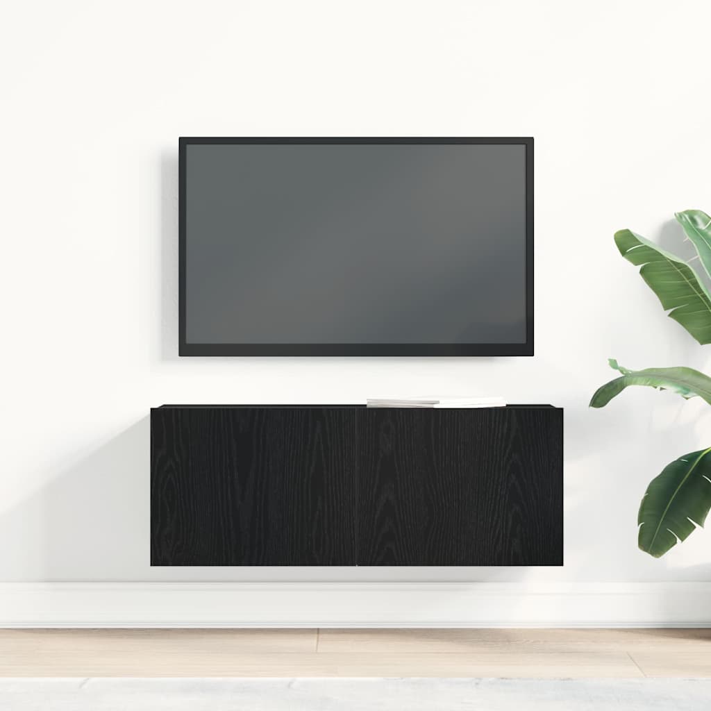 Juodas ąžuolo televizoriaus staliukas 80x30x30 cm Iš inžinerinio medžio