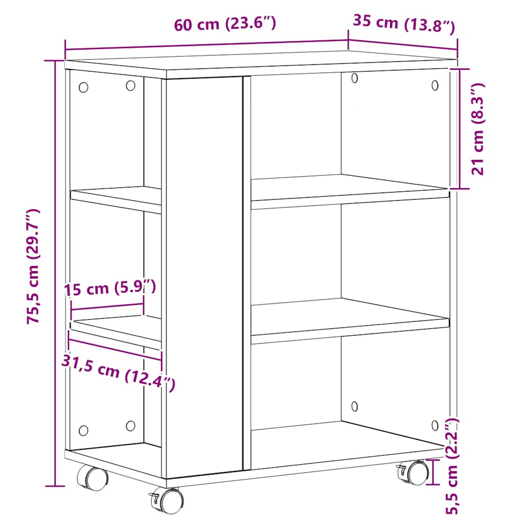 Storage cabinet with wheels Black oak 60 x 35 x 75 cm