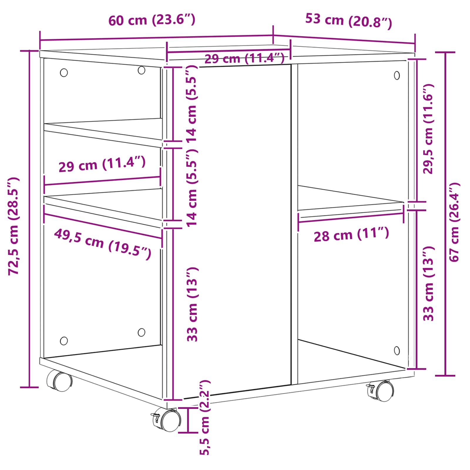 Storage cabinet with wheels Black oak 60 x 53 x 72.5 cm