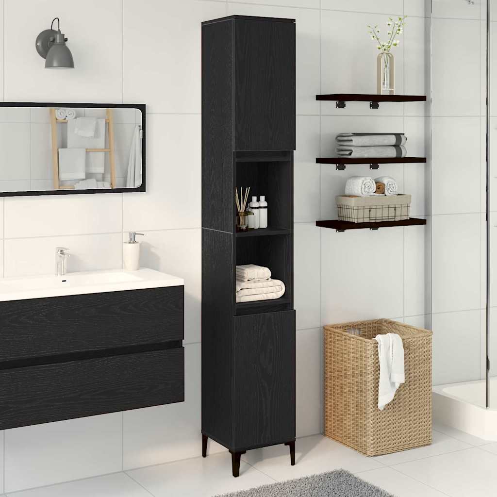 Bathroom Cabinet with Shelf Black Oak 30 x 30 x 190 cm