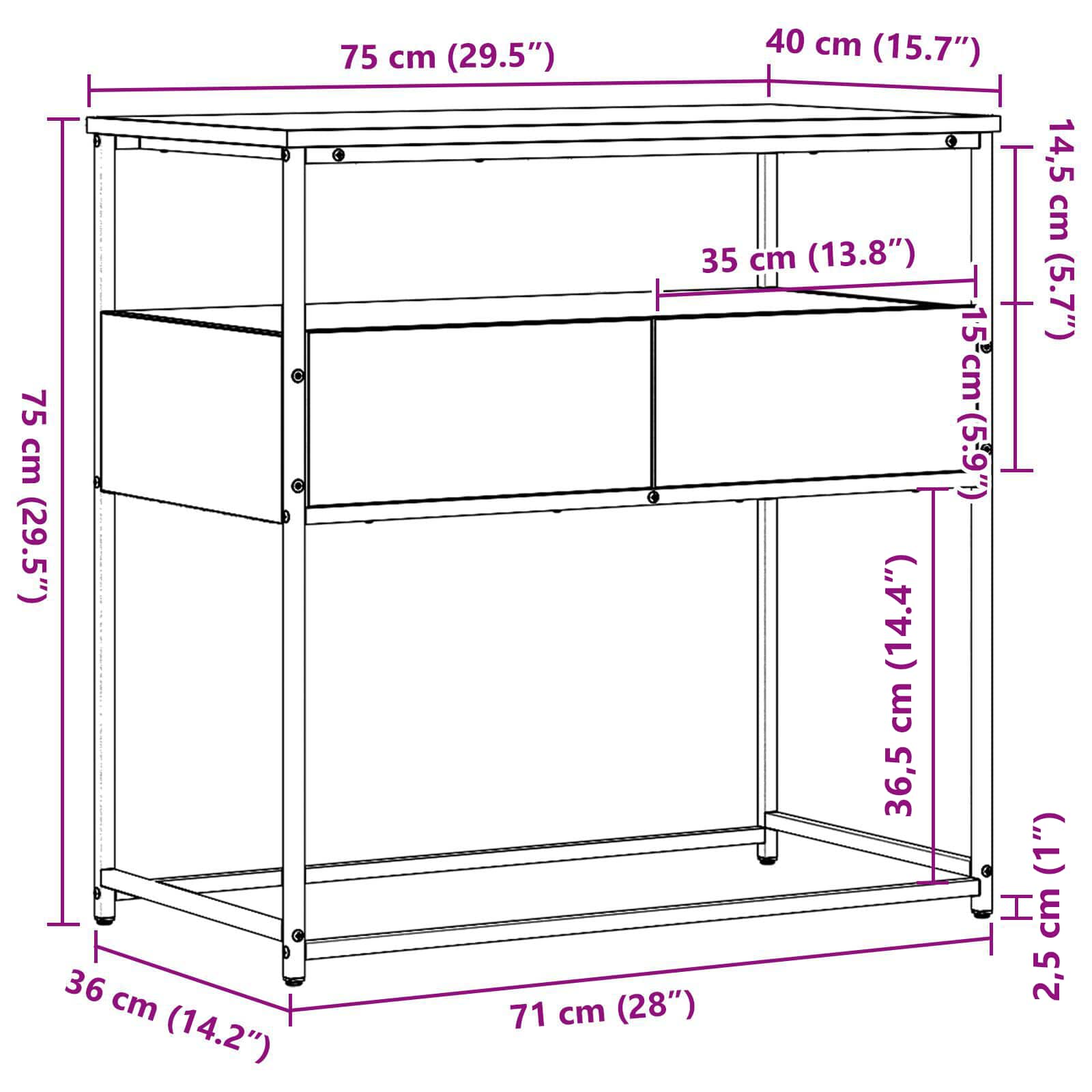 Konsoles galds ar atvilktni, melns ozols, 75 x 40 x 75 cm