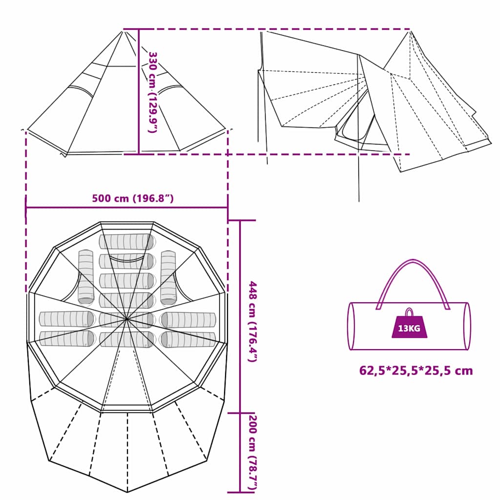 Ģimenes telts Tipi Šlikas ar jumtu Zila, pelēka 510 x 690 x 330 cm