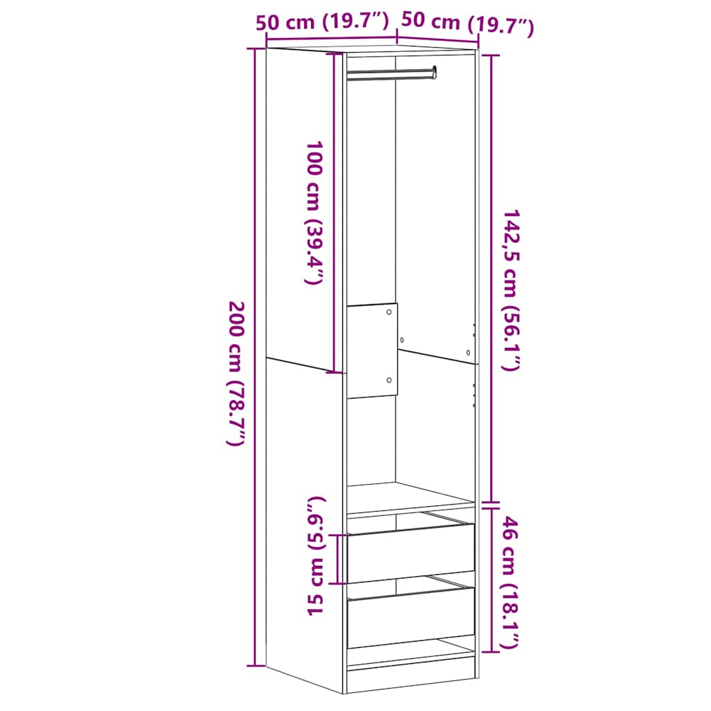 Black wardrobe 50x50x200 cm made of ecological wood