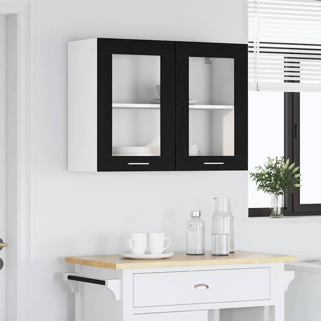 Juodas ąžuolo kabančio stiklo spinta 80x31x60 cm Pagaminta iš dirbtinės medienos