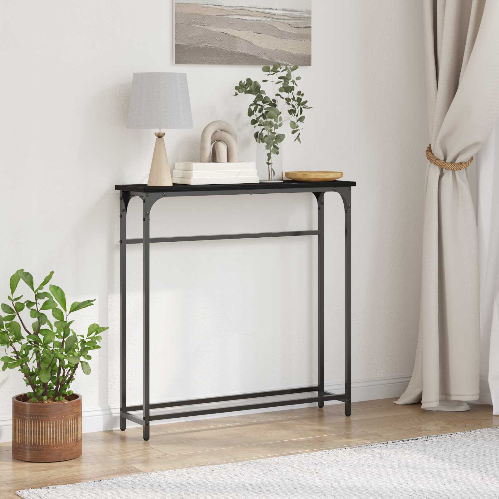 Konsolinis stalas su lentyna juoda ąžuolo 75 x 19.5 x 75 cm