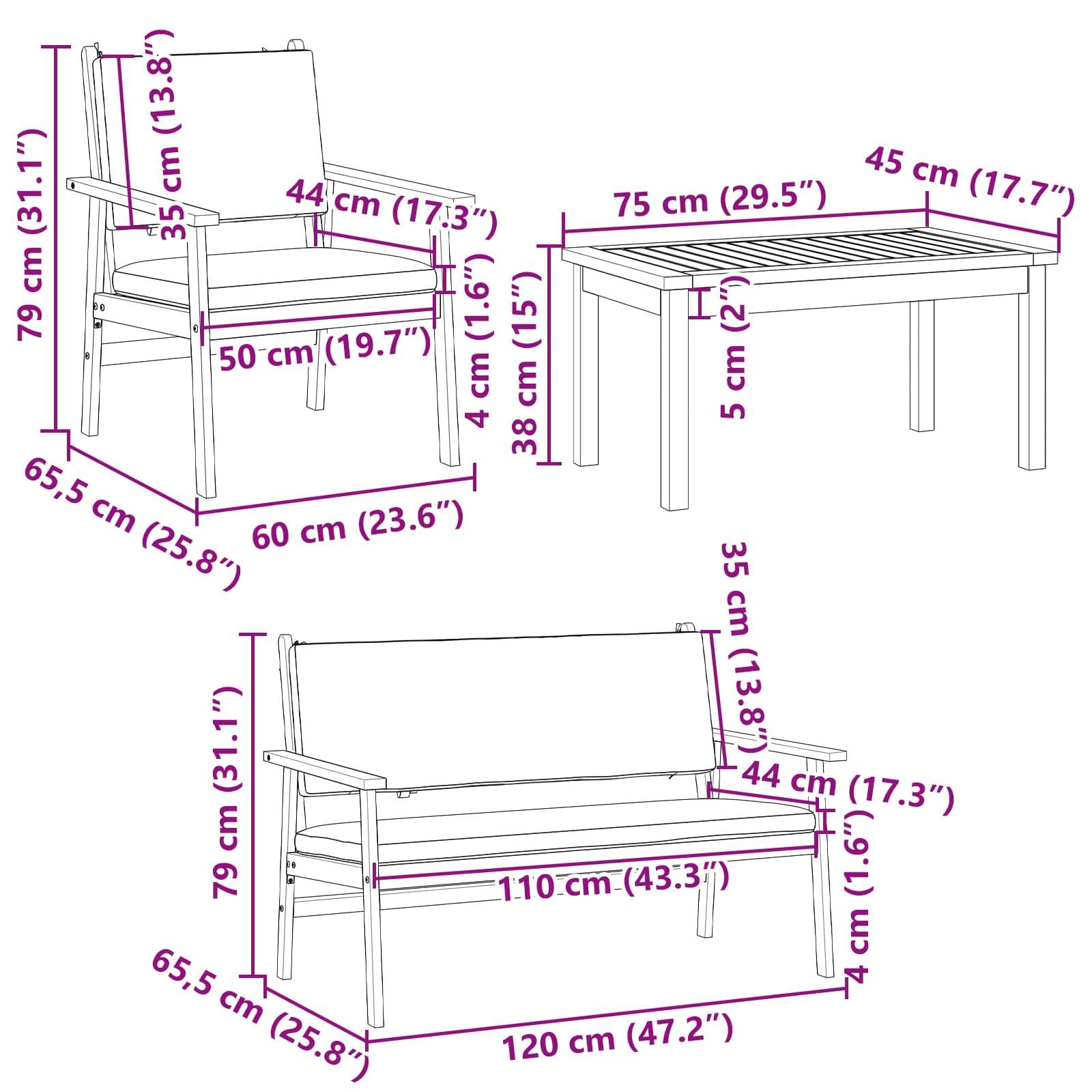 4-piece garden sofa set with cushions, solid acacia wood
