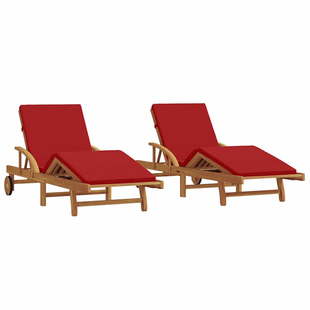 Sun loungers 2 pcs. with cushions and wheels, red acacia.