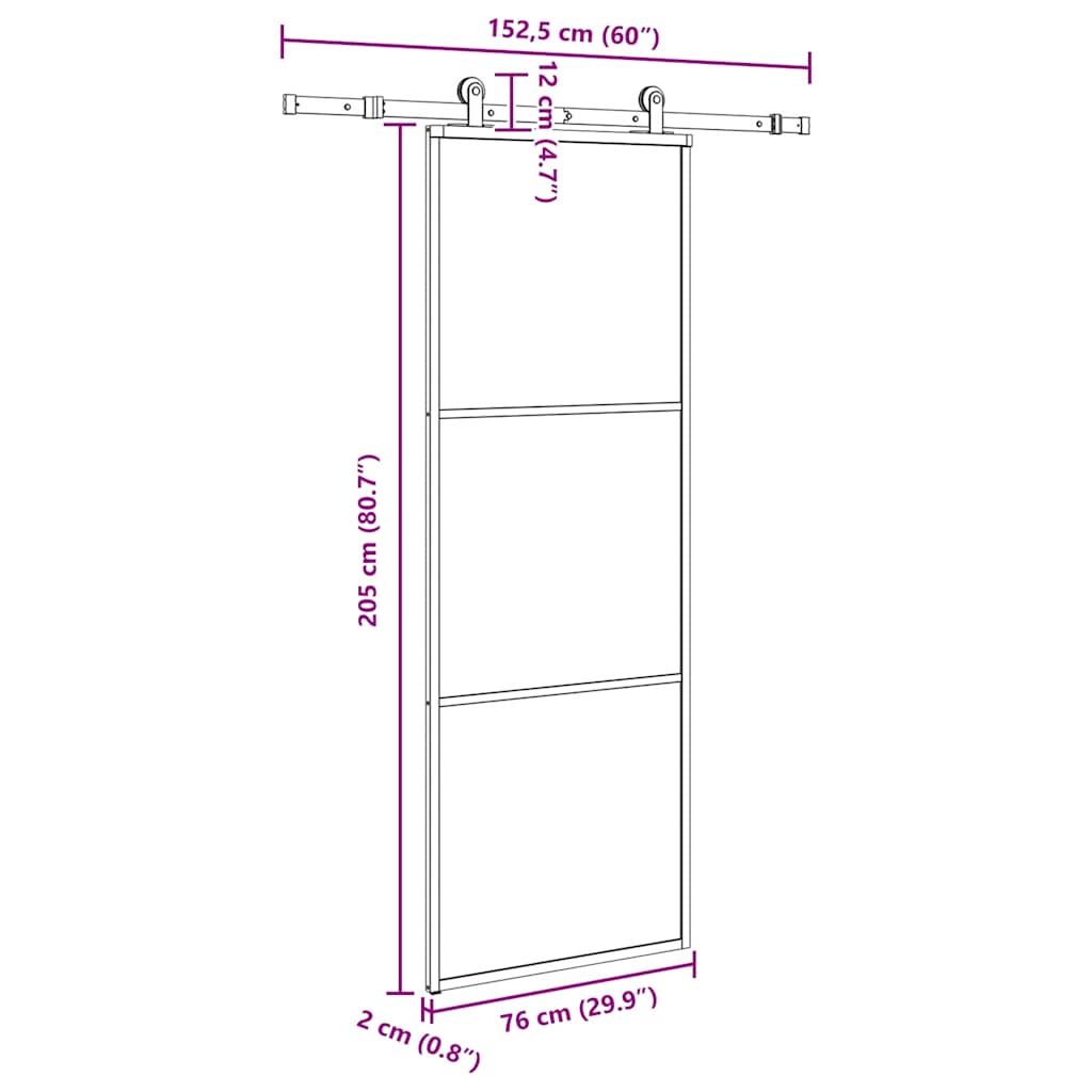 Sliding door with fitting kit, 76x205cm, ESG and aluminium