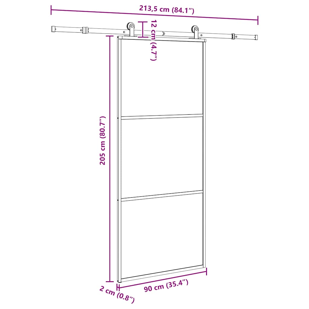 Sliding door with accessory kit, 90x205cm, ESG and aluminum