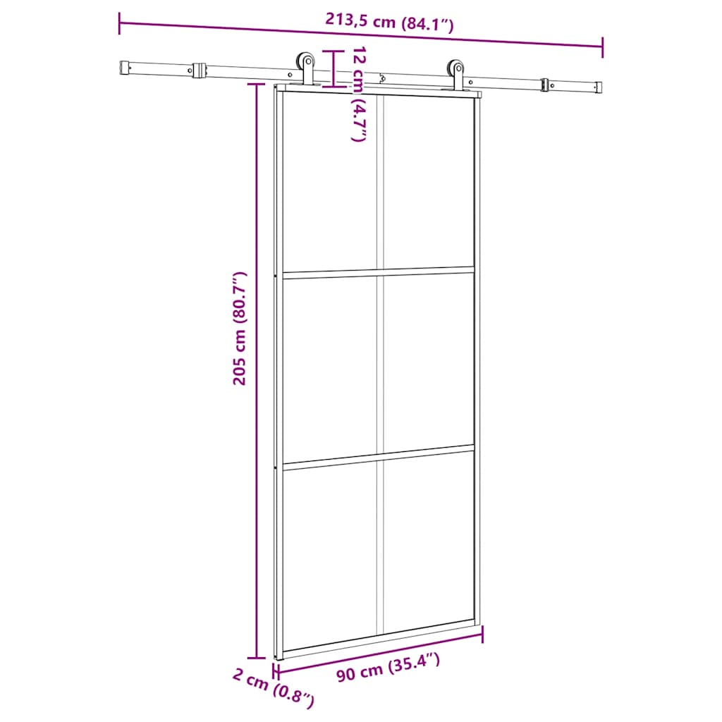 Sliding door with accessory kit, 90x205cm, ESG and aluminum