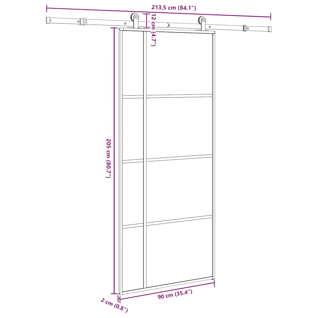 Sliding door with accessory kit, 90x205cm, ESG and aluminum