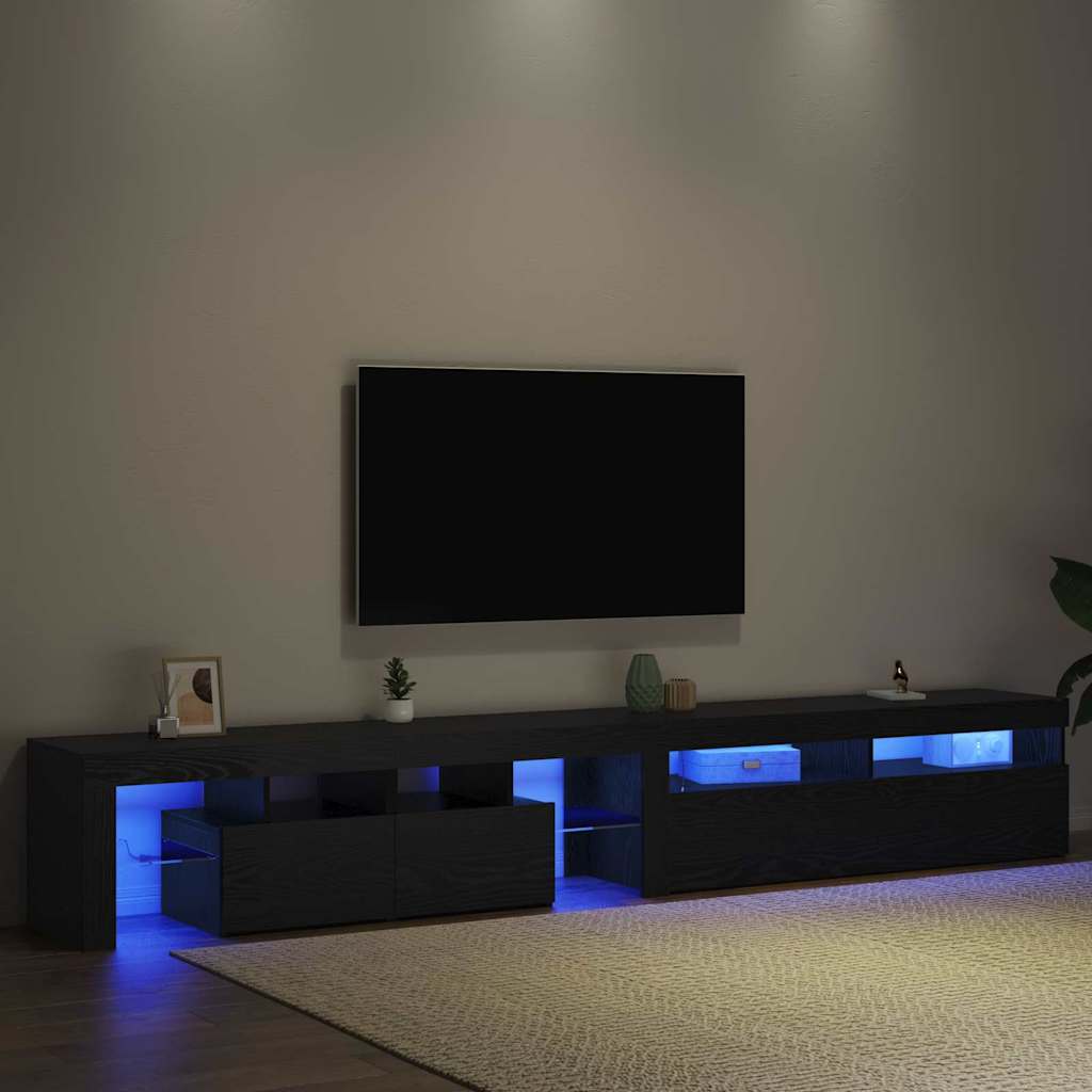 TV cabinets 2 pcs with LED lights black engineered wood oak