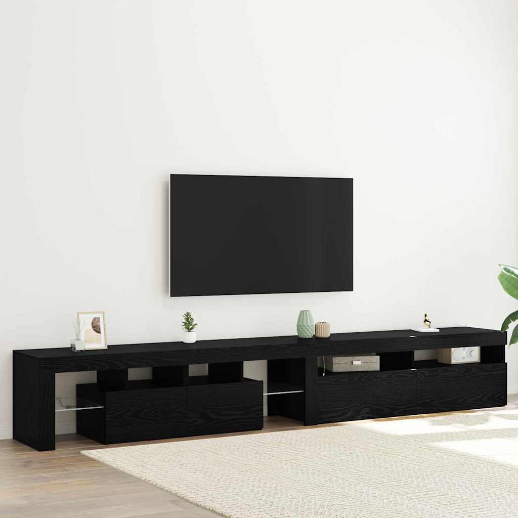 TV cabinets 2 pcs with LED lights black engineered wood oak