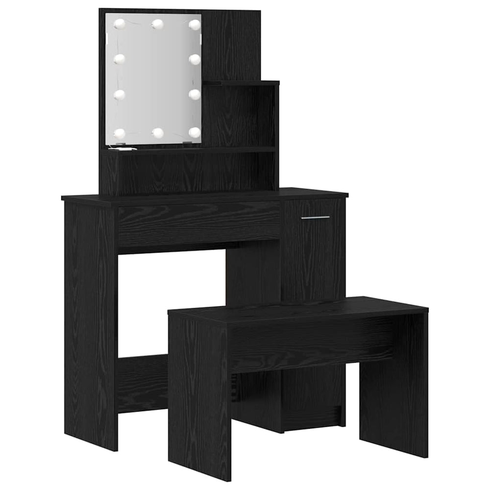 LED makiažo stalo komplektas su stalčių 2 pcs Juodas ąžuolas