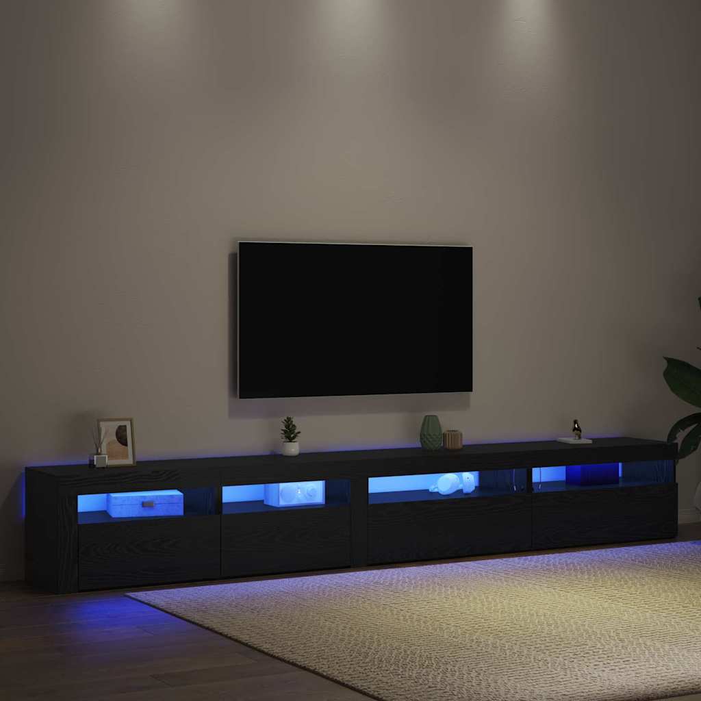 3 dalių TV spintelės rinkinys su LED šviestuvais juodame ąžuole inžinerinis medis