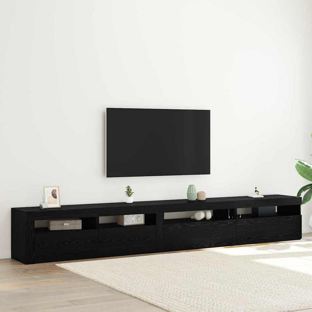 3 dalių TV spintelės rinkinys su LED šviestuvais juodame ąžuole inžinerinis medis