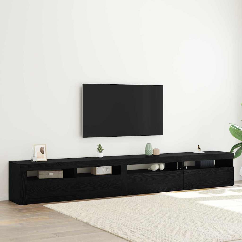 3 dalių TV spintelės rinkinys su LED šviestuvais juodame ąžuole inžinerinis medis