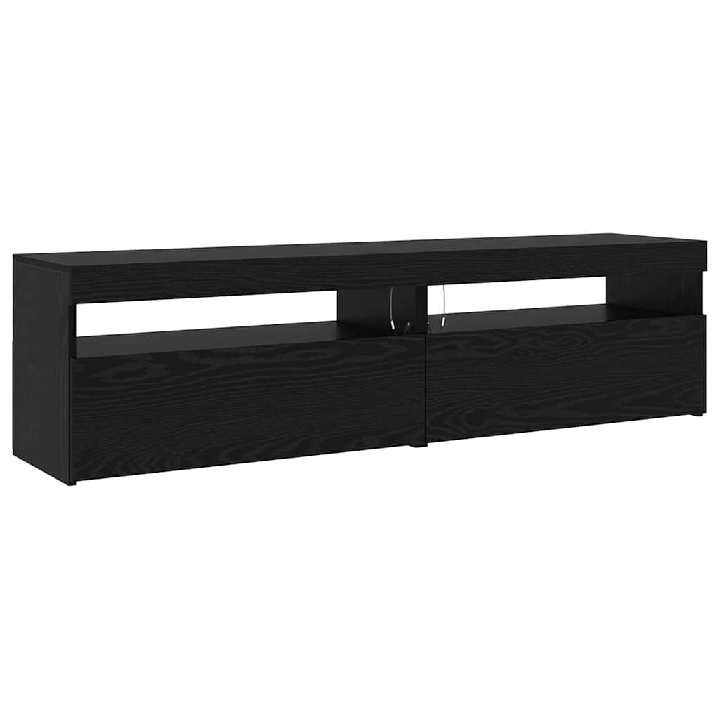 3 dalių TV spintelės rinkinys su LED šviestuvais juodame ąžuole inžinerinis medis