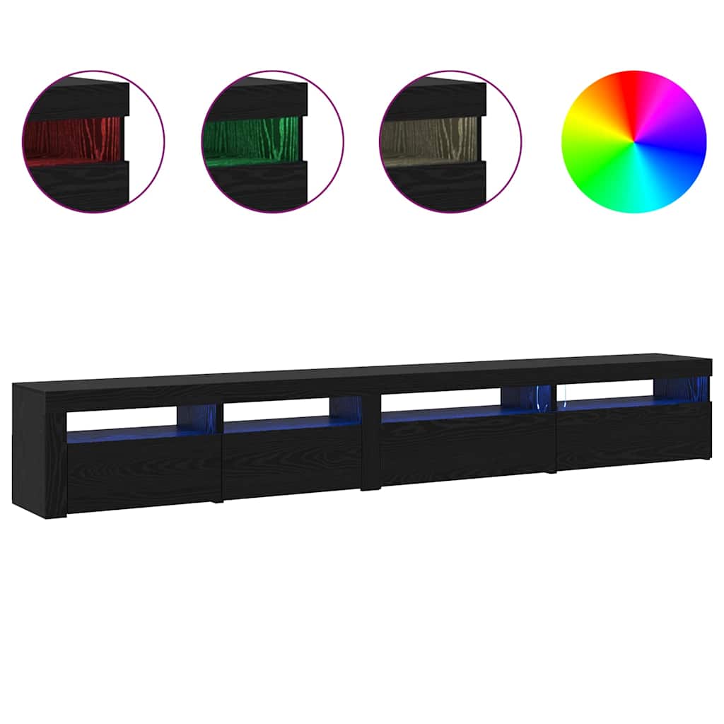 3 dalių TV spintelės rinkinys su LED šviestuvais juodame ąžuole inžinerinis medis