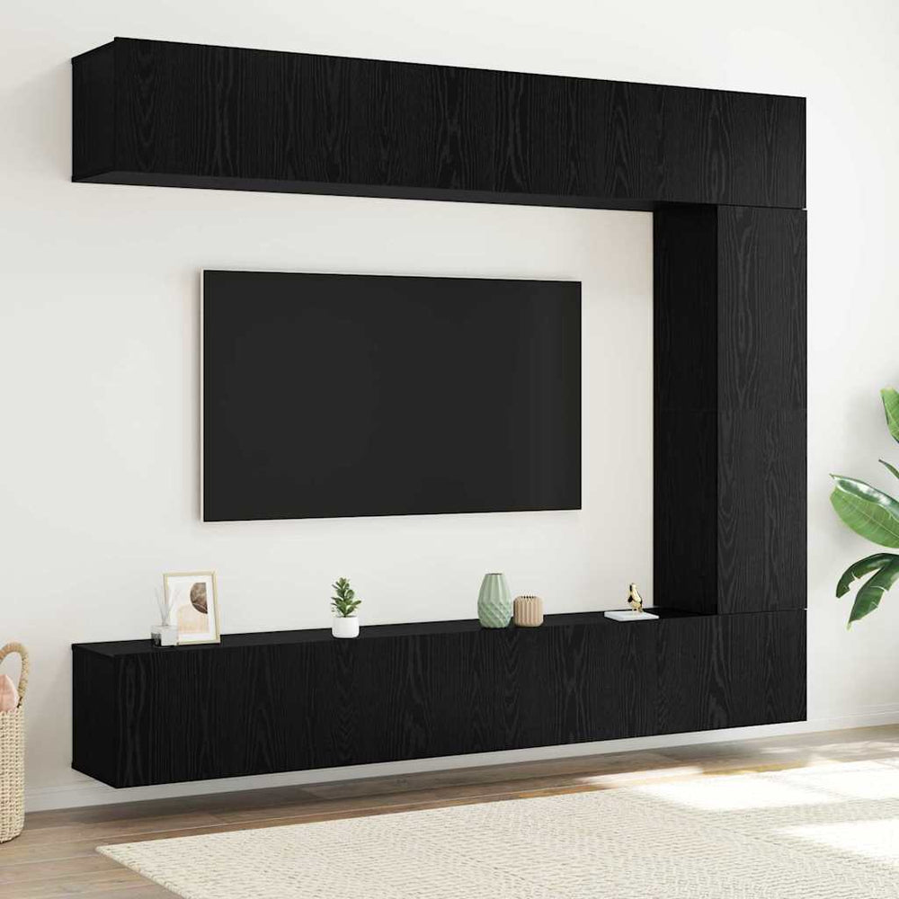 5 dalių TV kabineto rinkinys sieniniam montavimui juodo ąžuolo inžinerinės medienos
