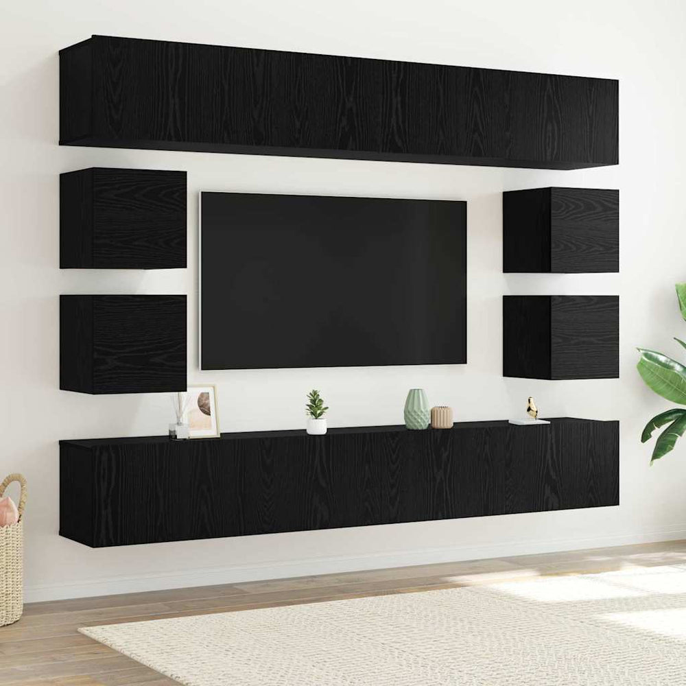 8 dalių TV spintelės komplektas sienai montuoti juodo ąžuolo medienos