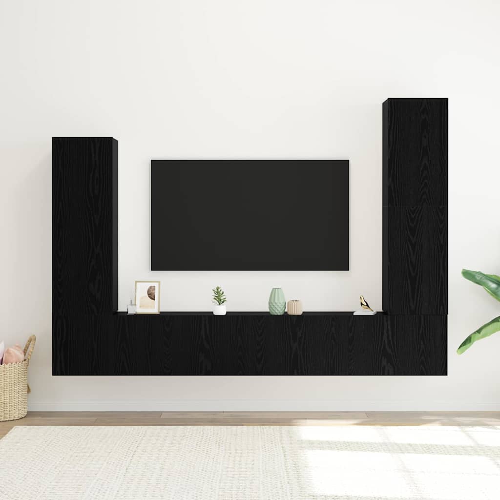 4 dalių TV kabineto komplektas sieninis juodasis ąžuolas inžinerinė mediena