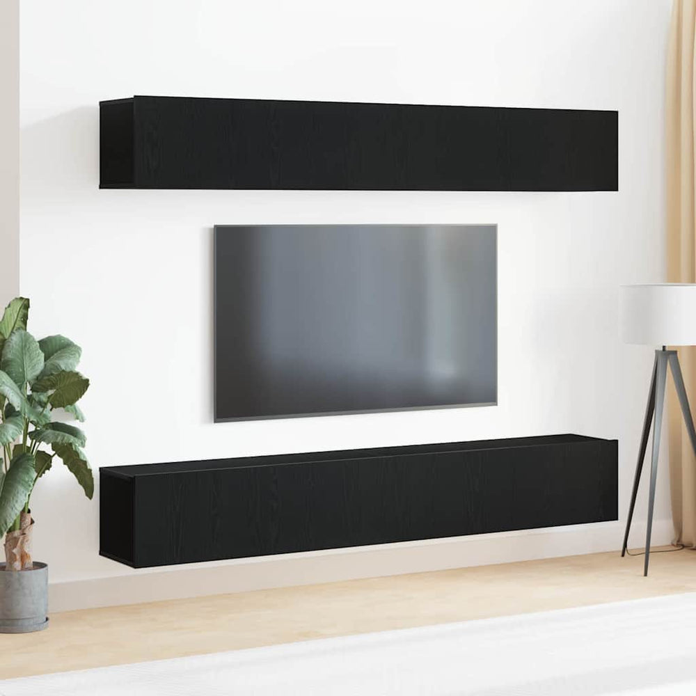 4-Piece TV Cabinet Set with Wall Mount, Black, Oak Engineered Wood