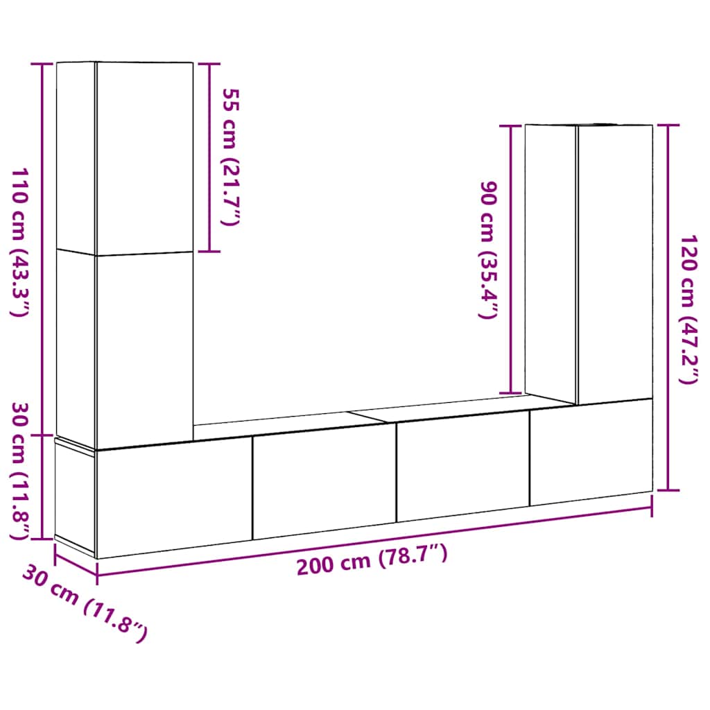 TV spintelių komplektas 6 pcs juoda ąžuolo 30.5 x 30 x 110 cm