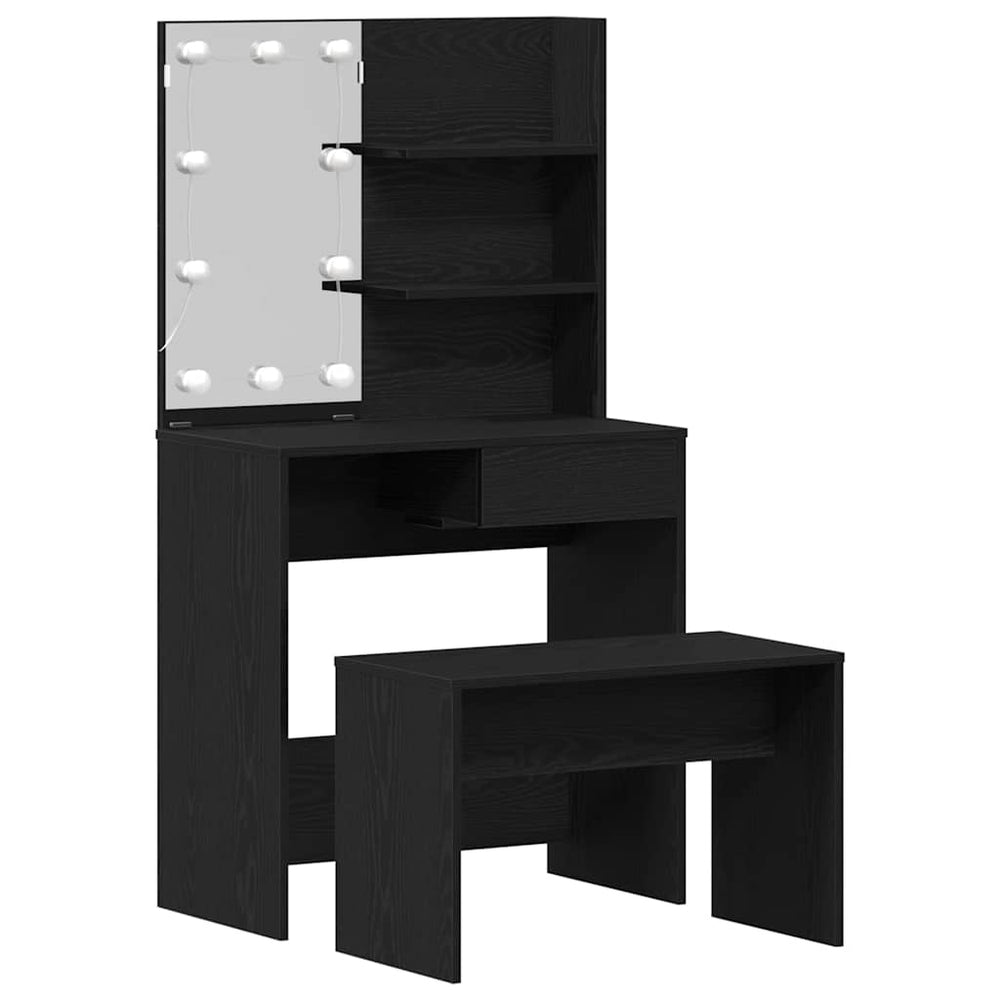 LED makiažo stalo komplektas su stalčių 2 pcs Juodas ąžuolas