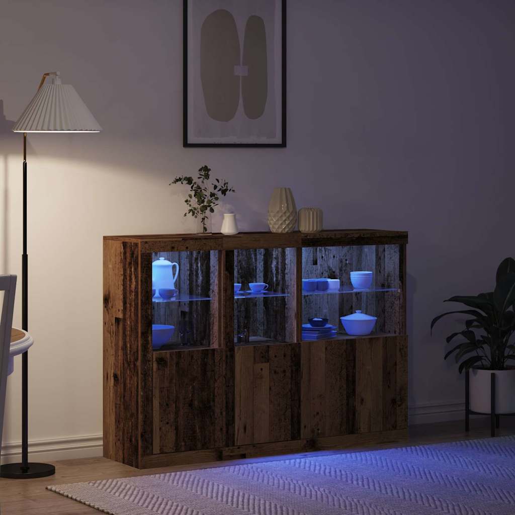 šoninis staliukas su LED šviesomis senovinė mediena 142.5x37x100 cm